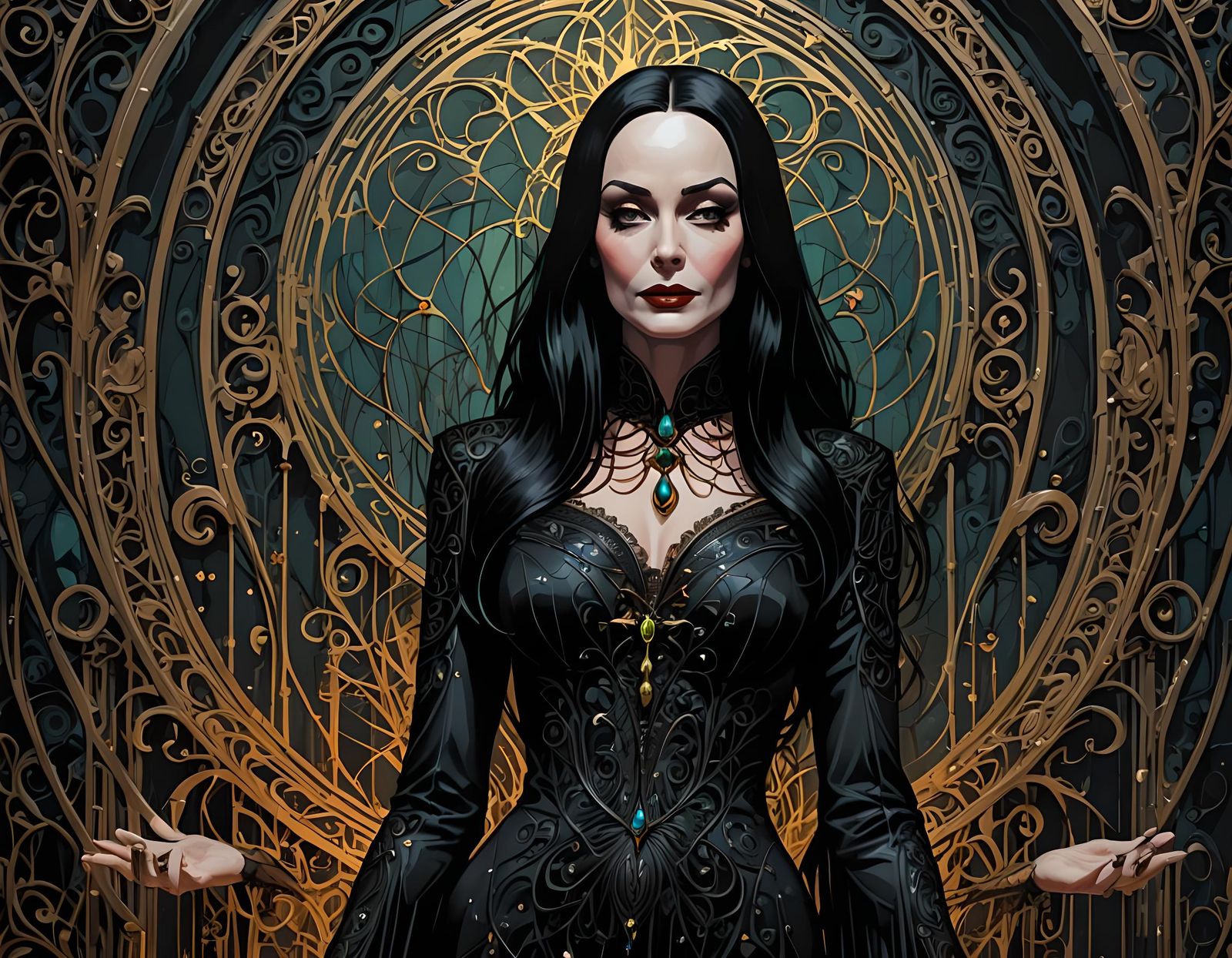 Morticia Addams in Detailed Digital Painting
