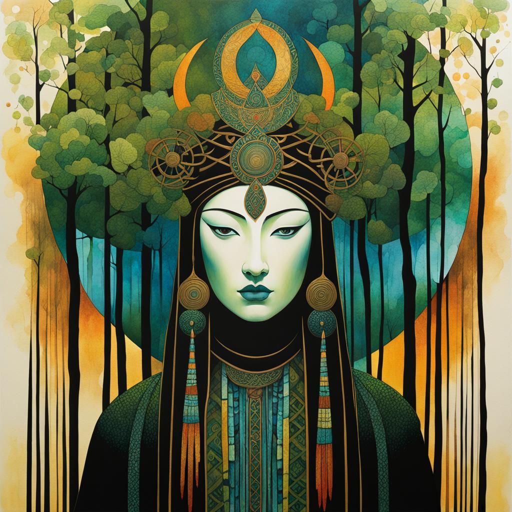 Celtic Tribal Priestess in Ukiyo-e Watercolor Style