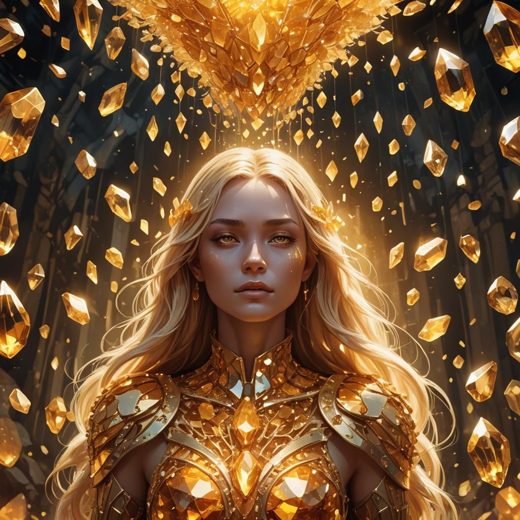 Citrine Crystal Girl Surrounded by Crystals: Digital Art