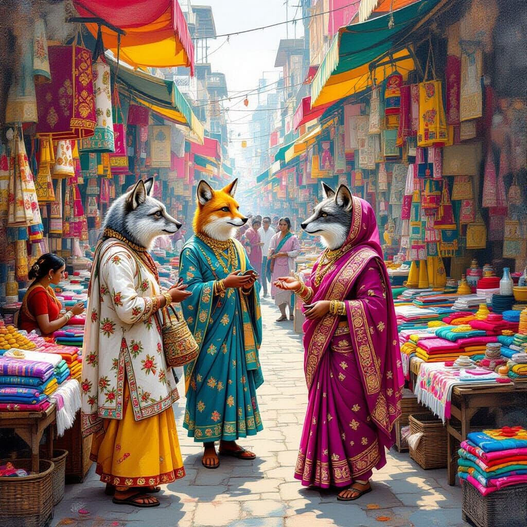 Mumbai Marketplace with Anthropomorphic Animals in Miniature...