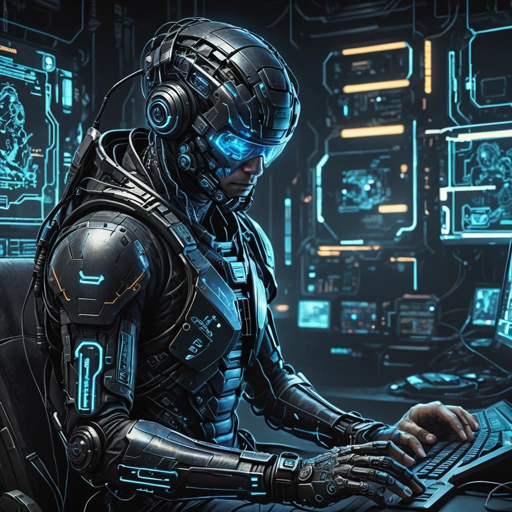 Cyberpunk Gamer in Borg Exosuit Digital Art