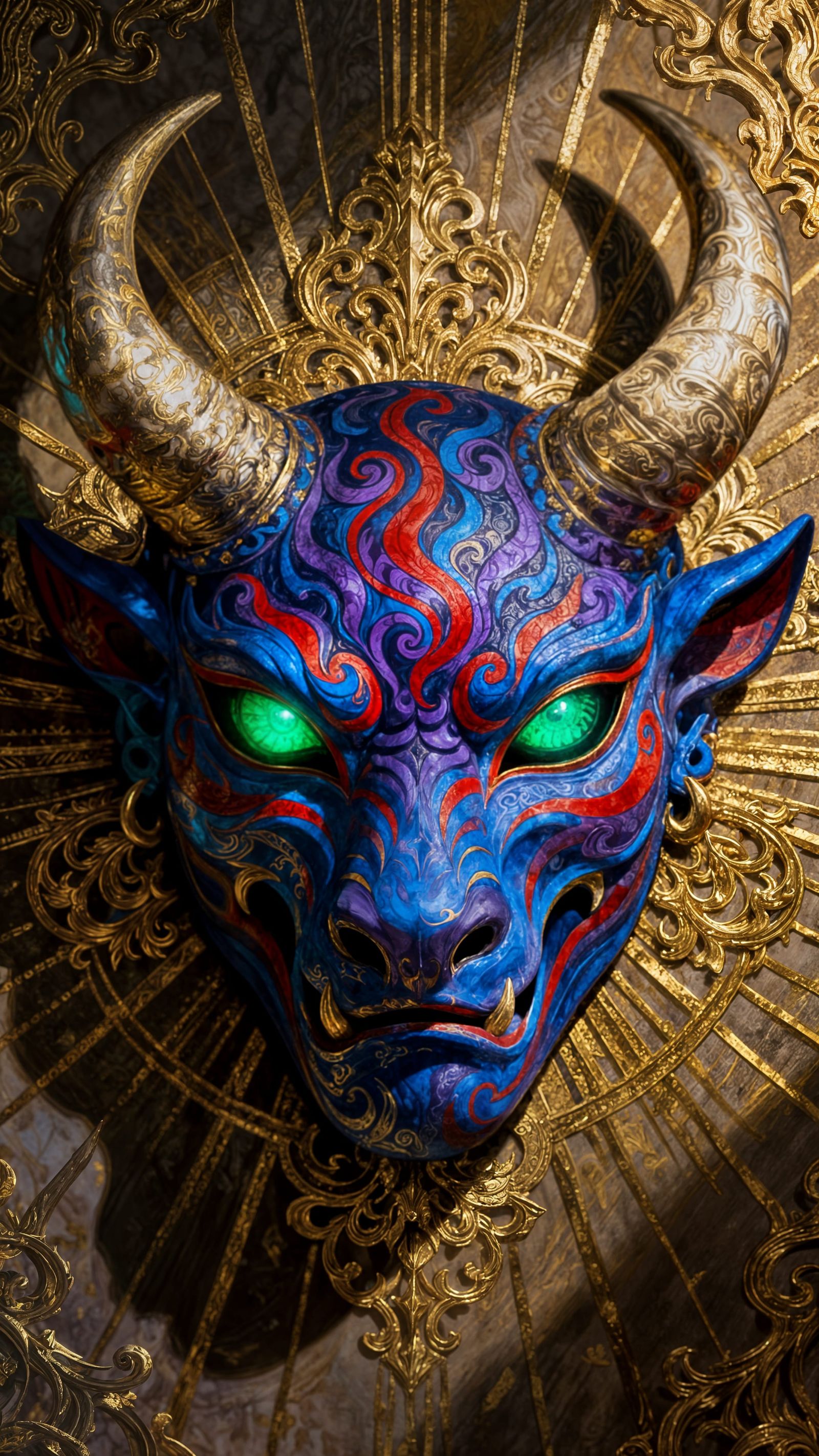 Ornate Mask of Fierce Mythical Creature with Golden Designs