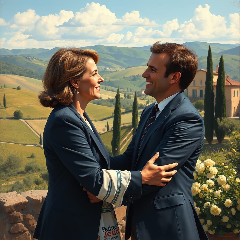 Meloni hugs with Emmanuel Macron In a toscan landscape in Italy as Europe is reunited as one entity