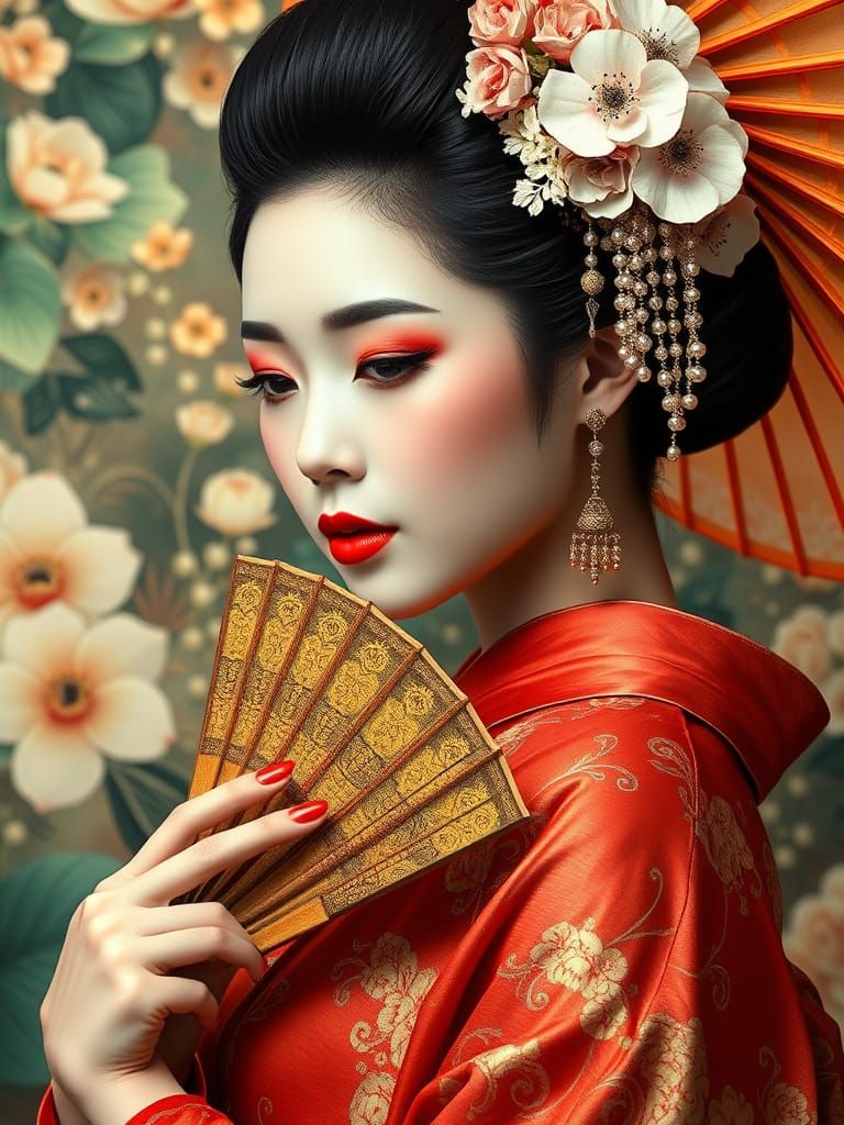 Biophilic Art: Asian Woman with Golden Fan