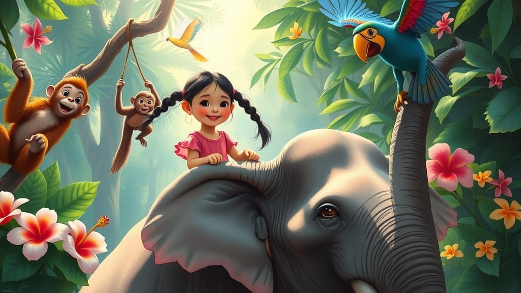 Whimsical Jungle Girl Rides Elephant in Vibrant Paradise