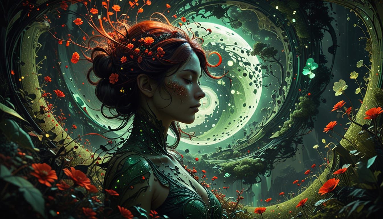 Woman Silhouette Merged with Fractal Landscape Art