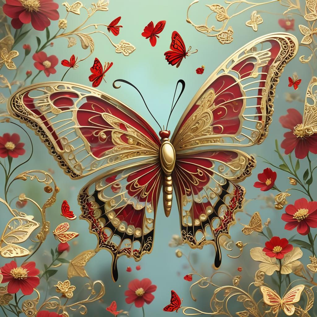 Intricate Red and Gold Butterfly with Floral Wing