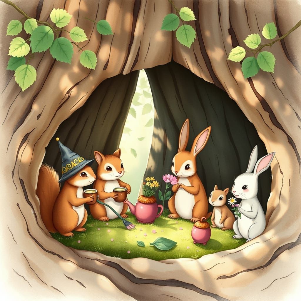 Envision a whimsical tea party hosted by woodland creatures in a hollow tree trunk. Squirrels in tiny hats serve acorn t...