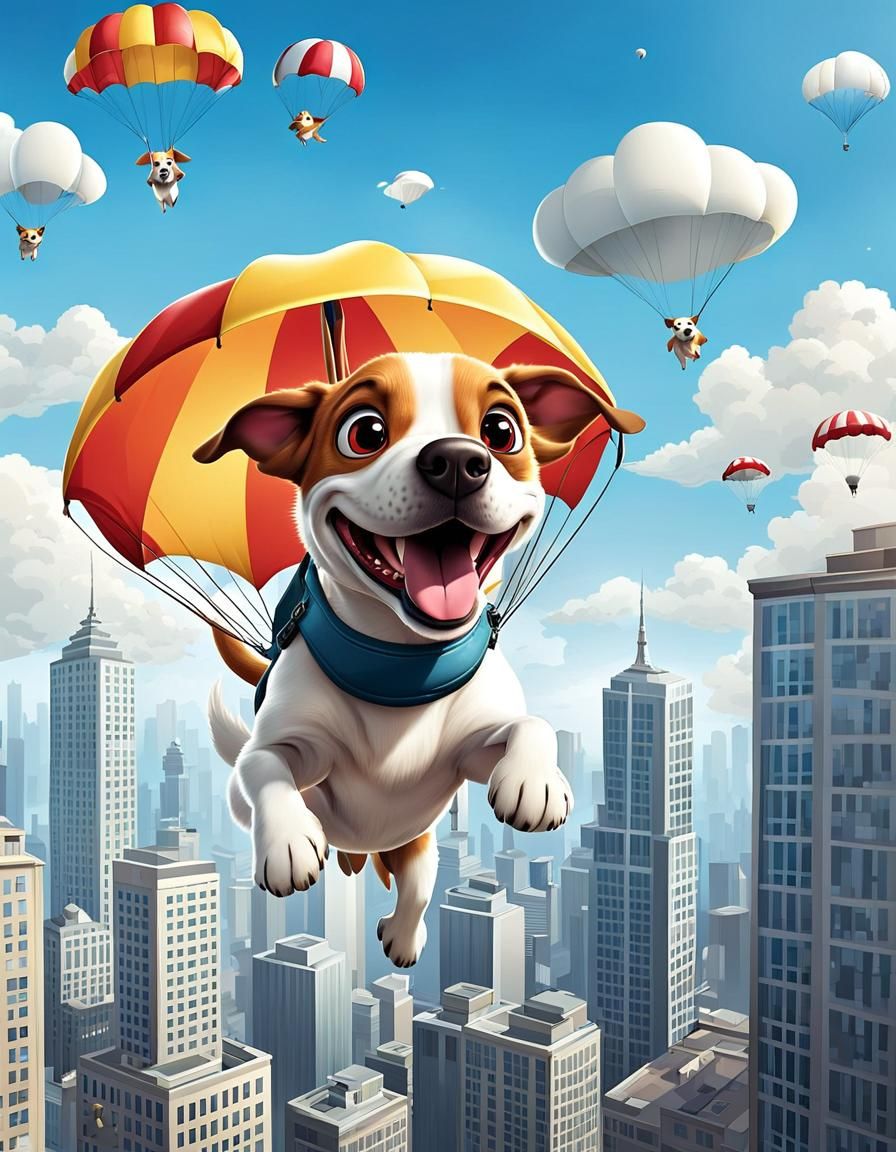 Cartoon Dog Skydiving in Comic Book Art Style