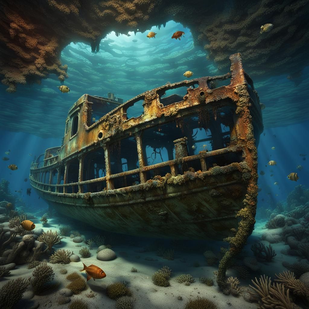 Underwater Shipwreck in Deep Seabed Caustic Lighting