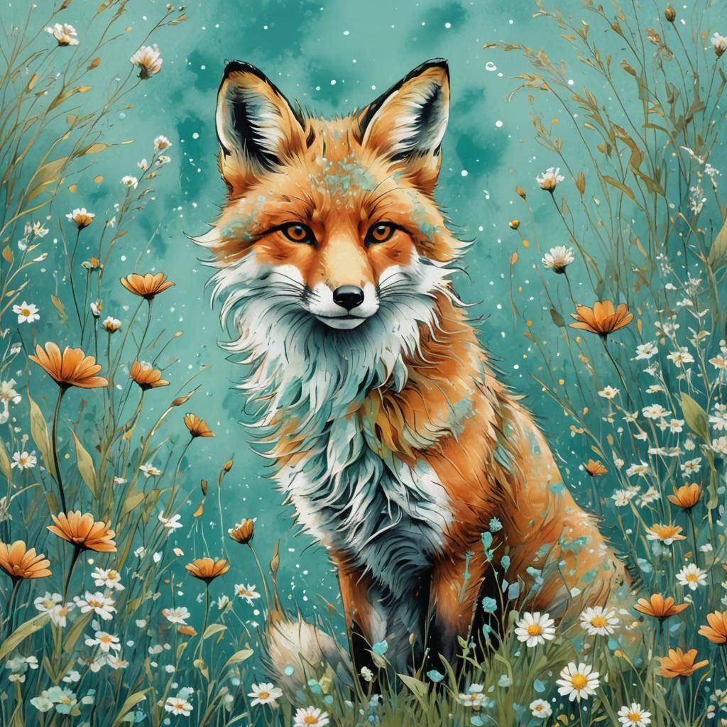 Detailed Sketch of a Cute Fox on Turquoise Meadow