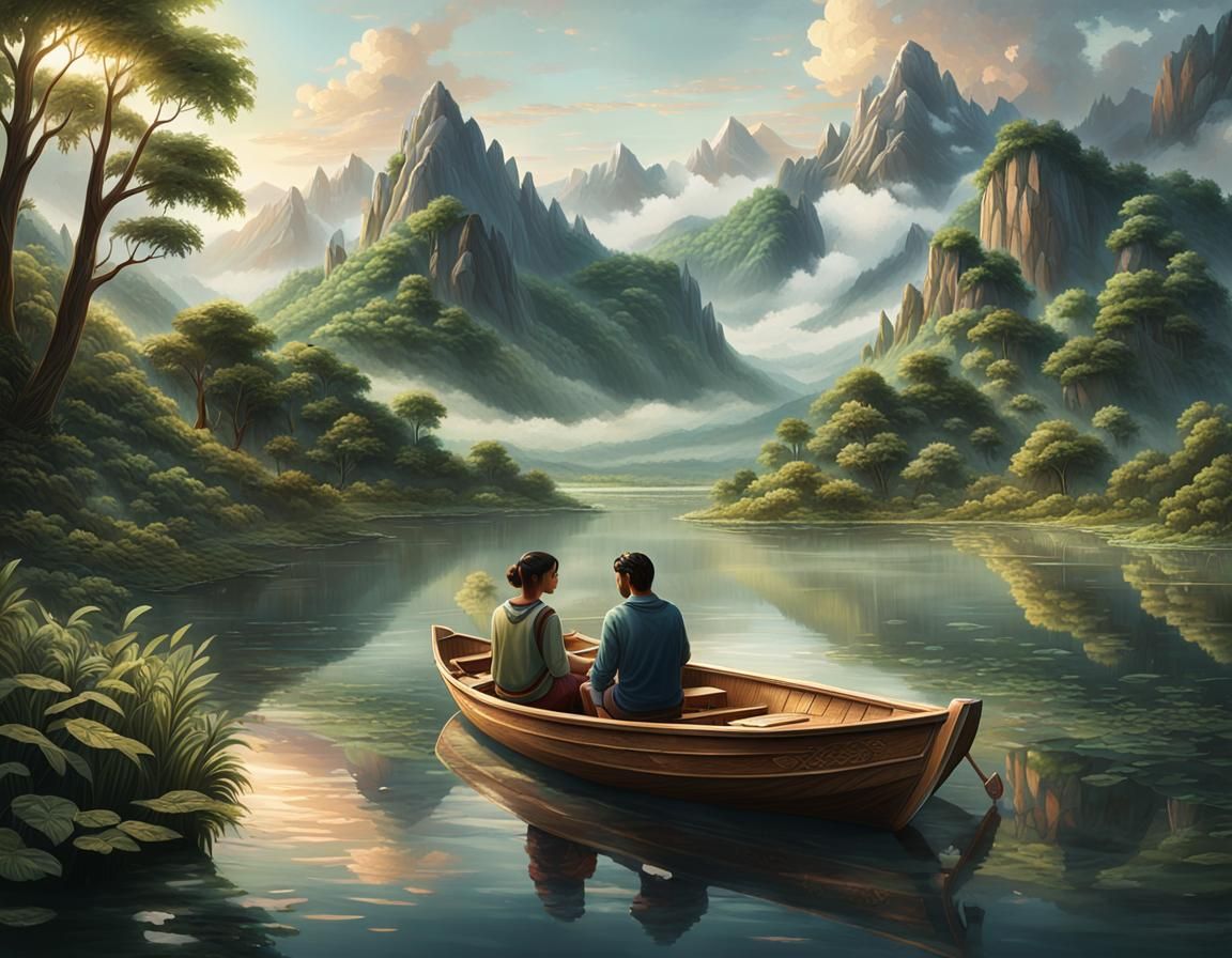 Romantic River Scene in Oil Painting Style