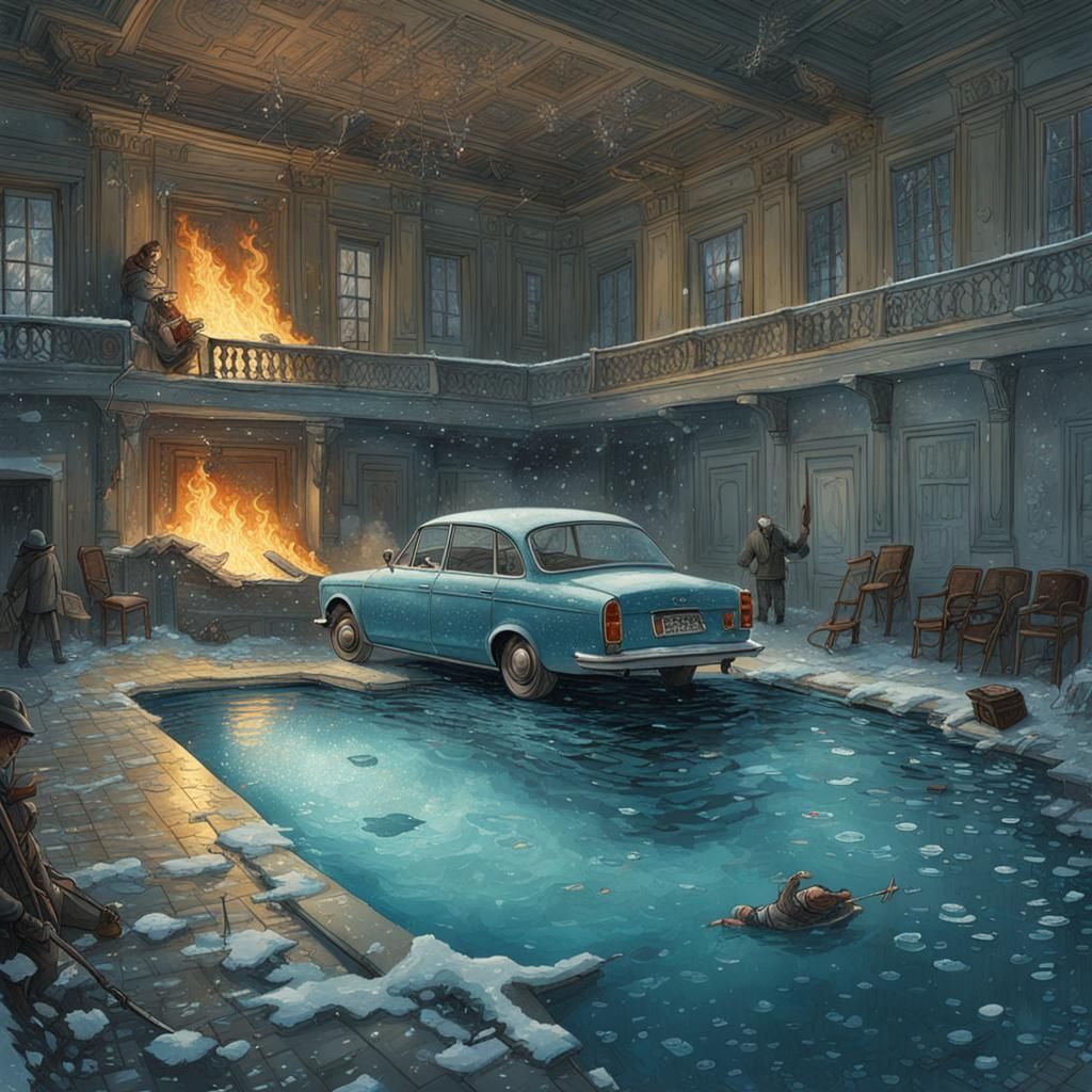 Icy Spring: Burning Car in Old House