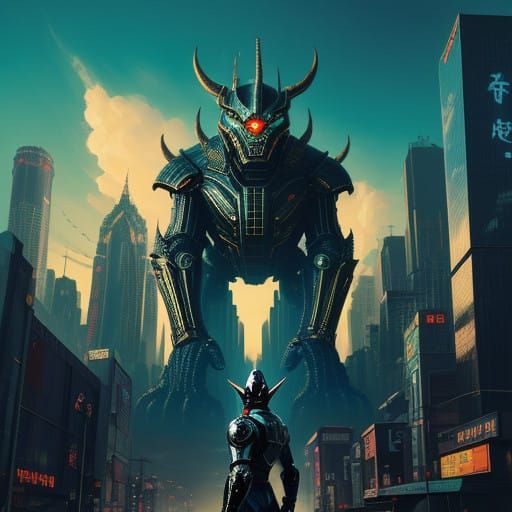 Heroic Figure Battles Retro-Futuristic Monster in Neon City