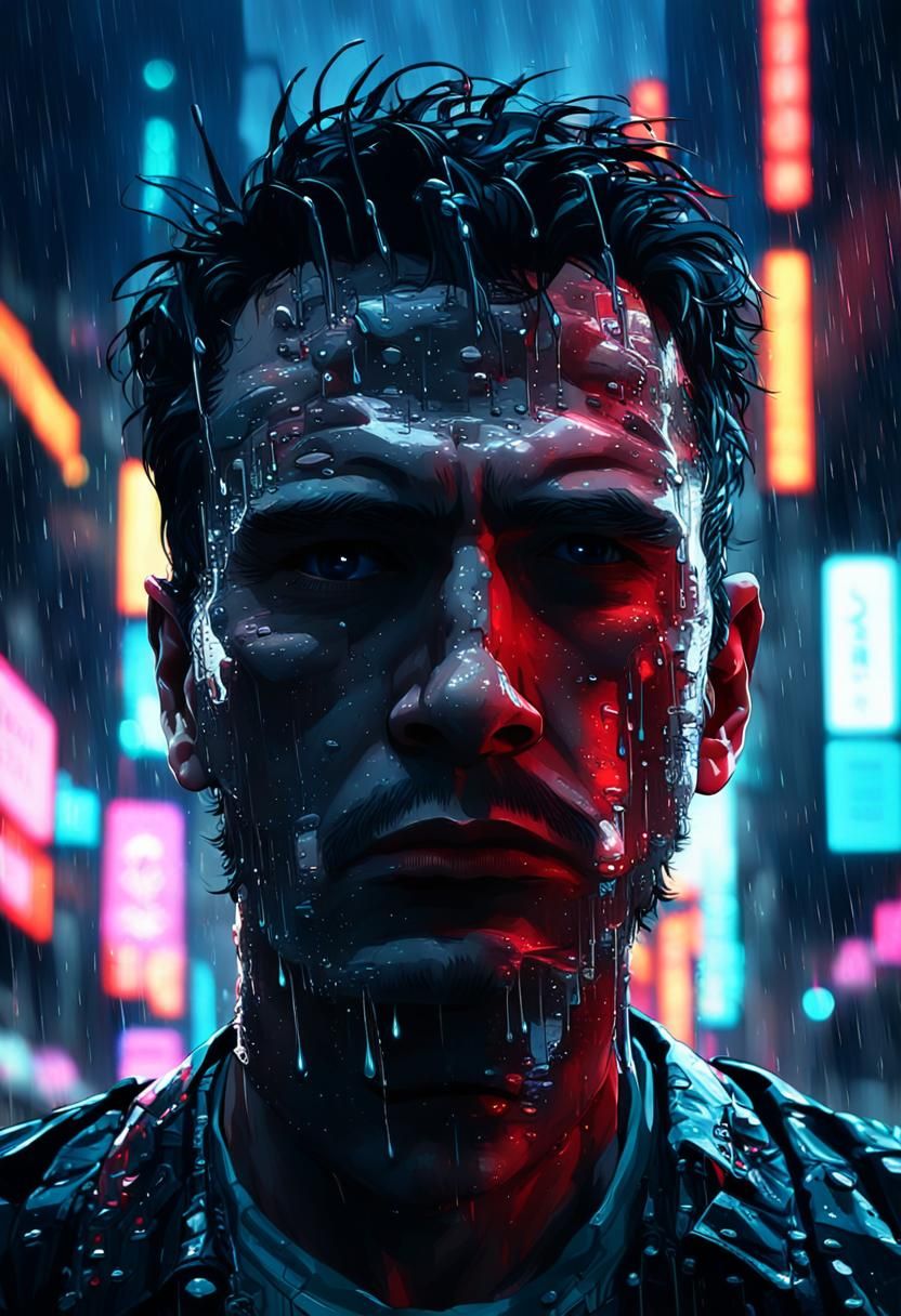 Cyberpunk Protagonist in Rainy Neon Cityscape