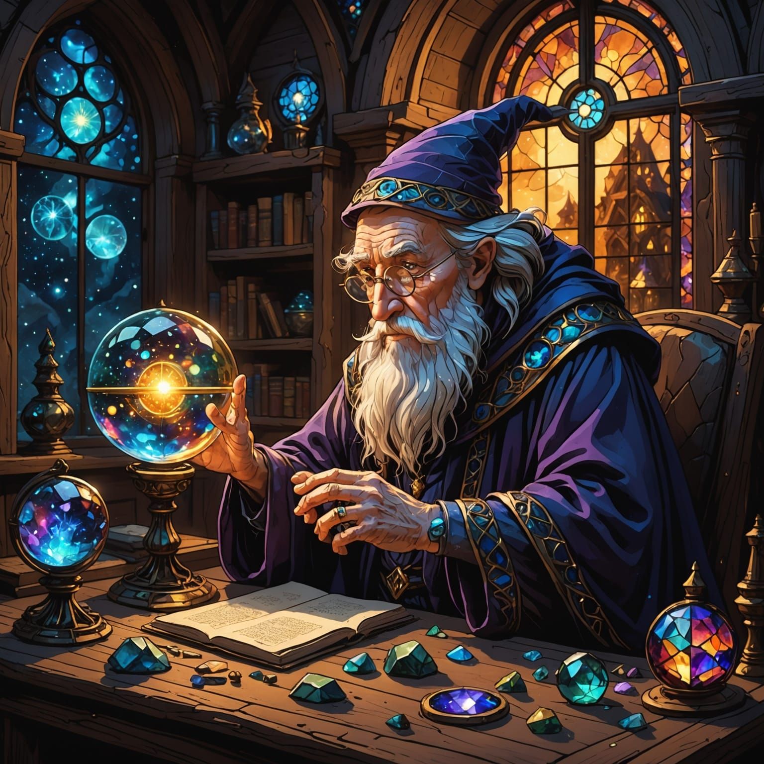 Wizard Gazing at Galaxy Orb in Dark Fantasy Style