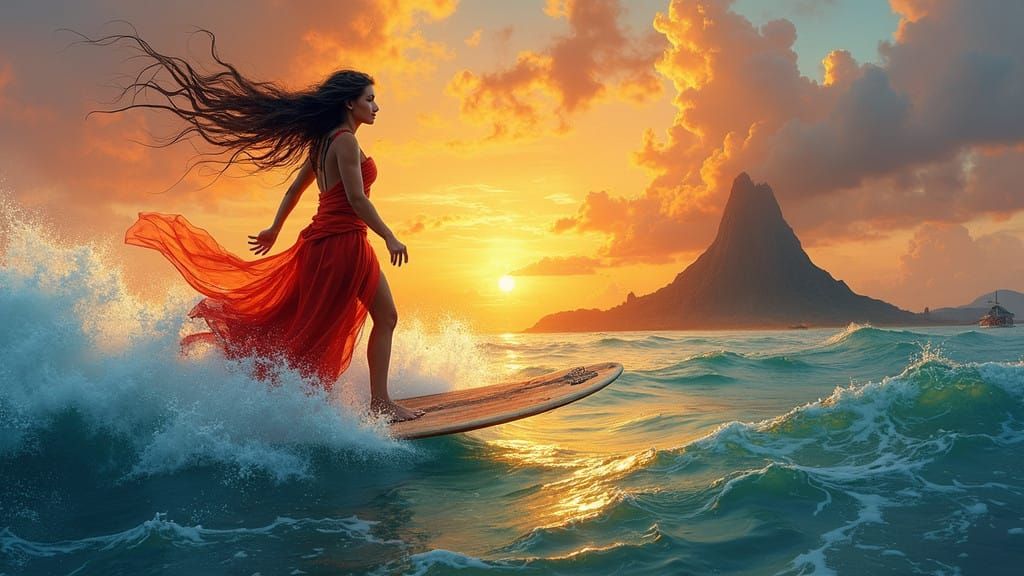 Mystical Queen of the South Sea Rides Sunset Waves in Magica...