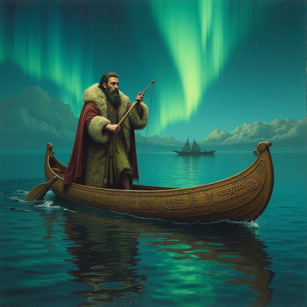 Pre-Raphaelite Fisherman with Runes and Aurora