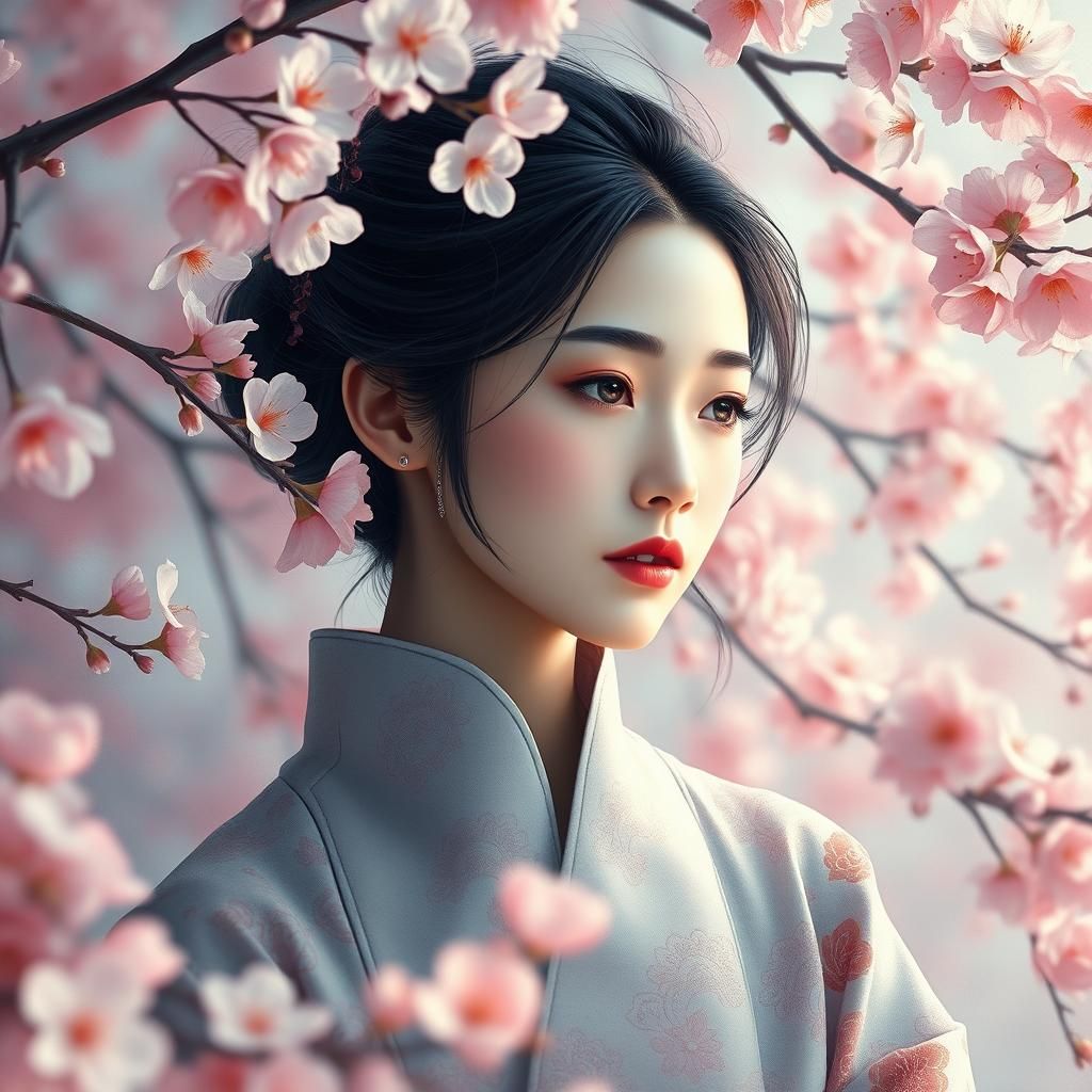 Introspective Asian Woman in Cherry Blossom Vortex