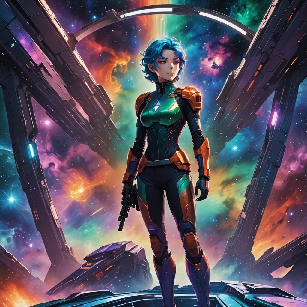 Anime Captain Commands Spaceship Amidst Nebula