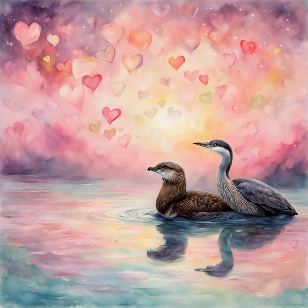 Pastel Whimsy: Otter and Heron in Soft, Dreamy Light