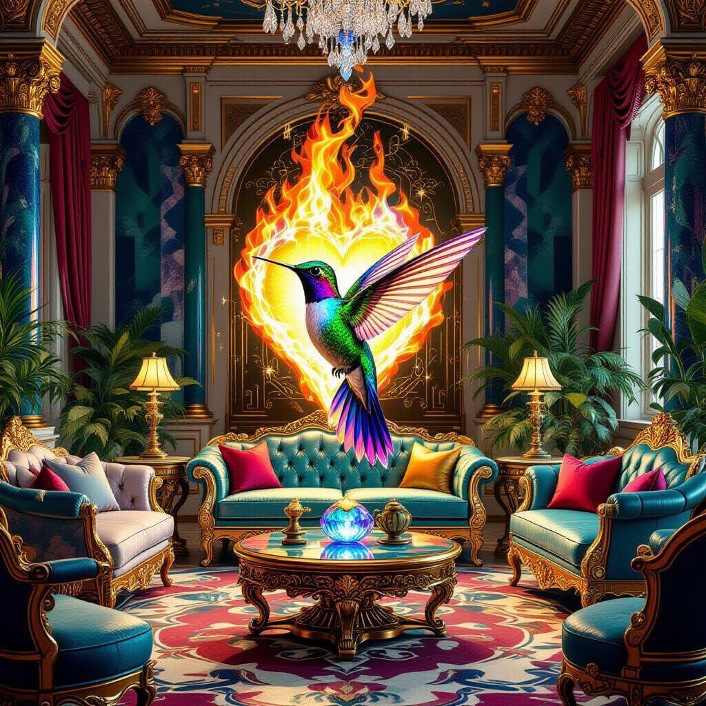 Iridescent Hummingbird in Gemstone Room, Art Nouveau Style