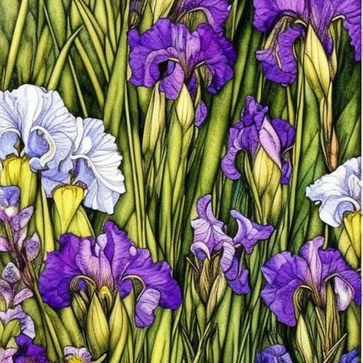 Intricate Irises: A Watercolor Illustration in Rackham Style