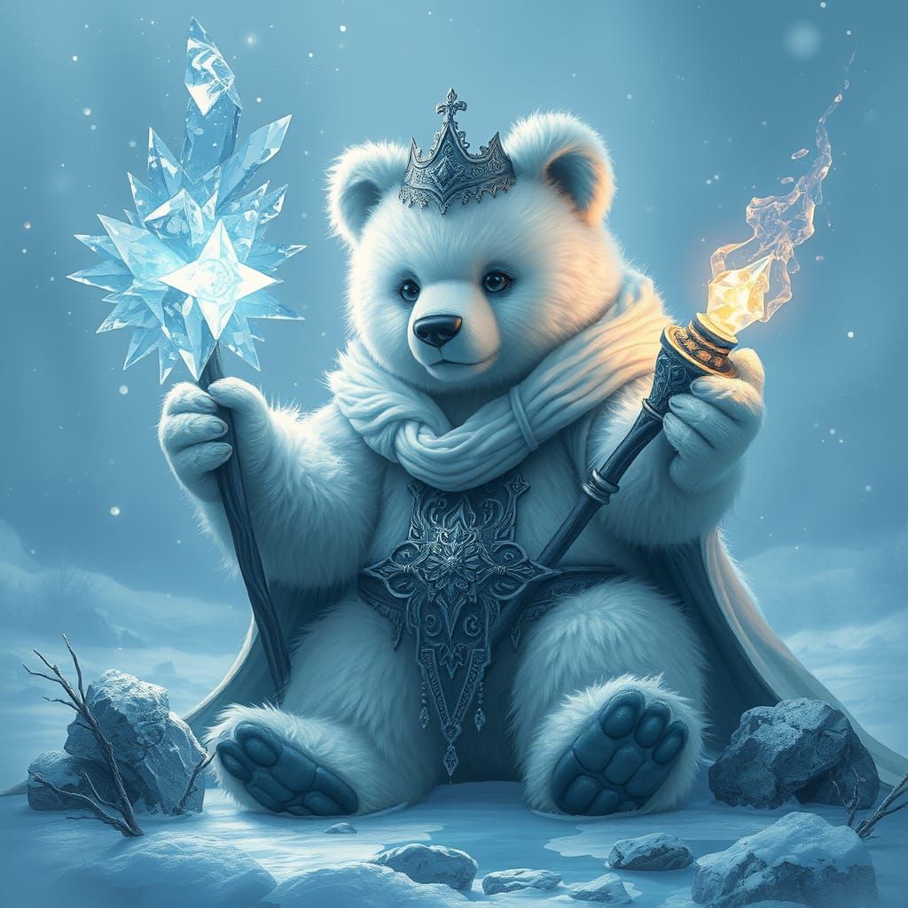 Teddy Bear Mage Conjures Ice Spell in a Winter Landscape
