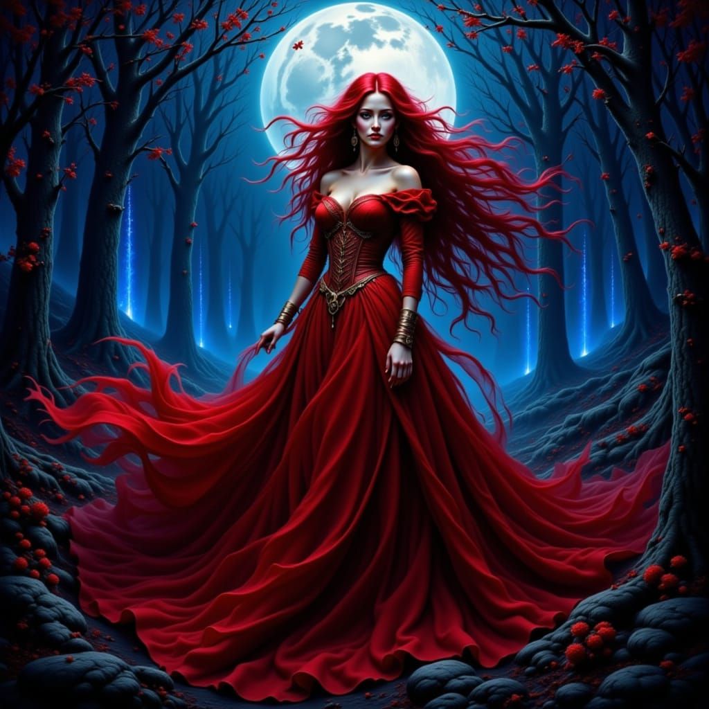 Regal Woman in Crimson Gown in Moonlit Forest