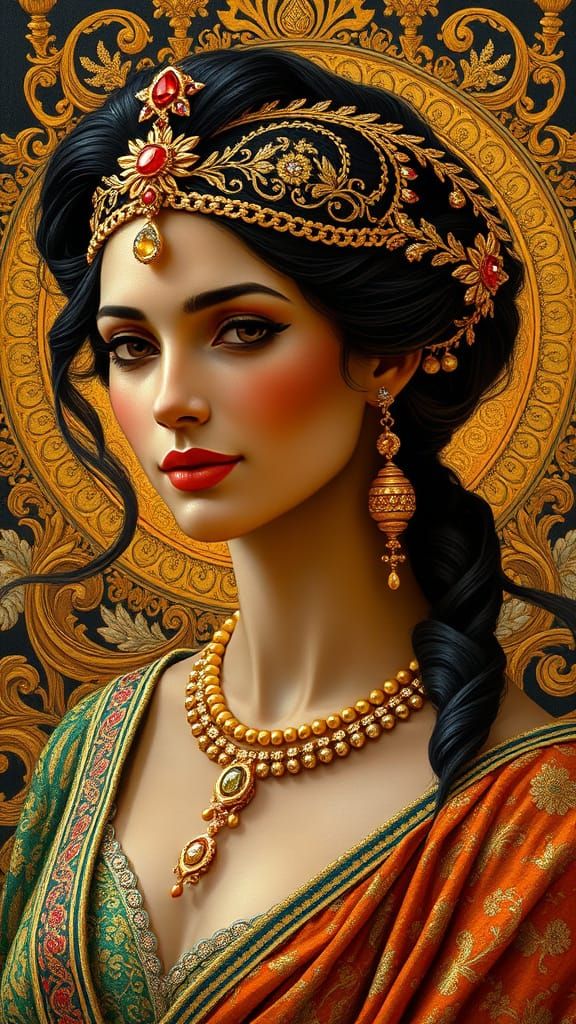 Stately Woman in Klimt-Inspired Art Nouveau Fashion