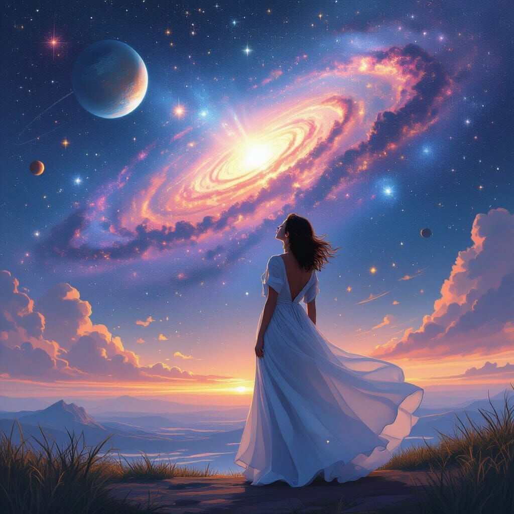 Celestial Woman Gazing at Vibrant Galaxy in Digital Painting