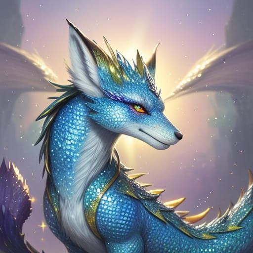 Sparkling Fox-Dragon Hybrid in Whimsical Fantasy Illustratio...