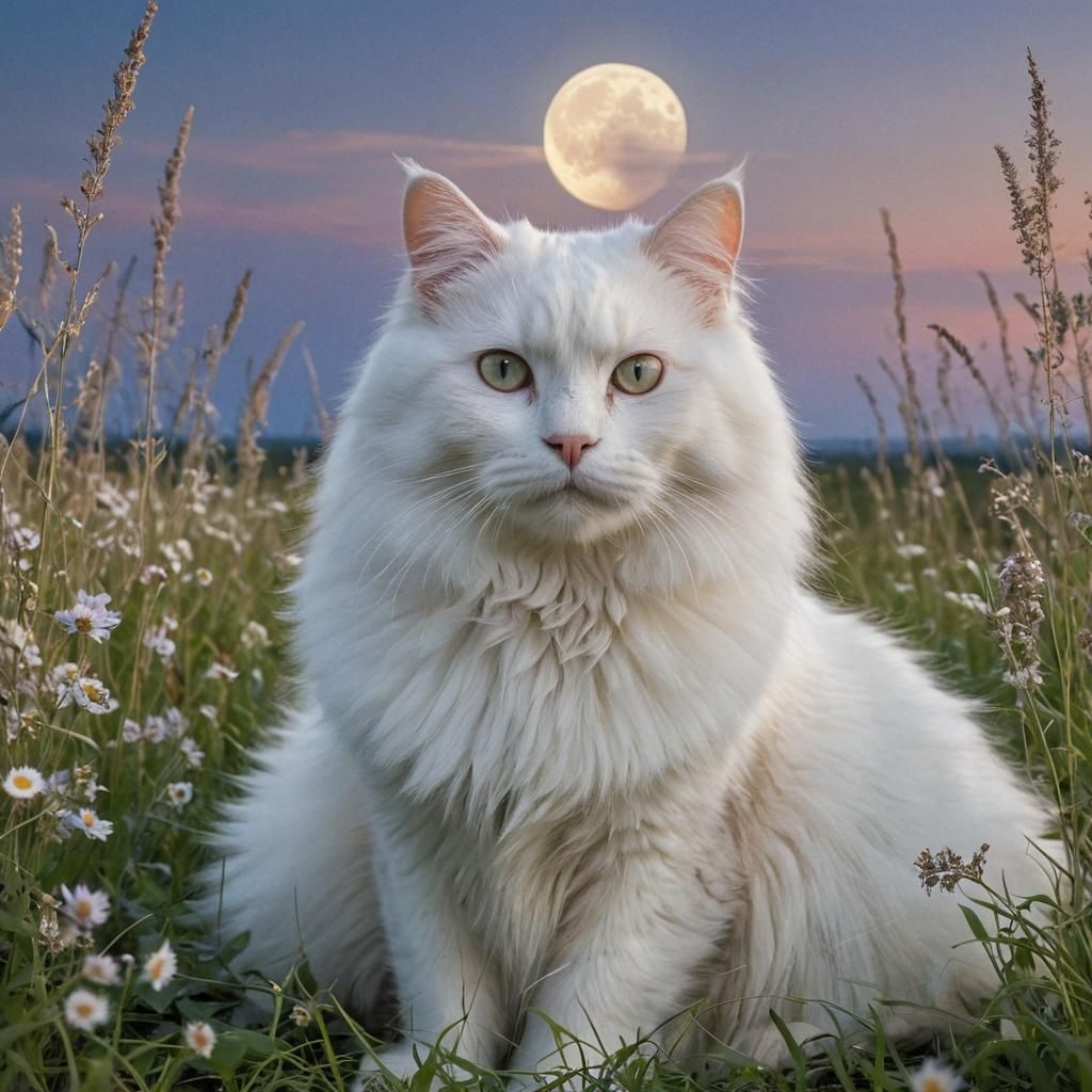 White Cat in Moonlit Field: Hyper-Realistic Fantasy