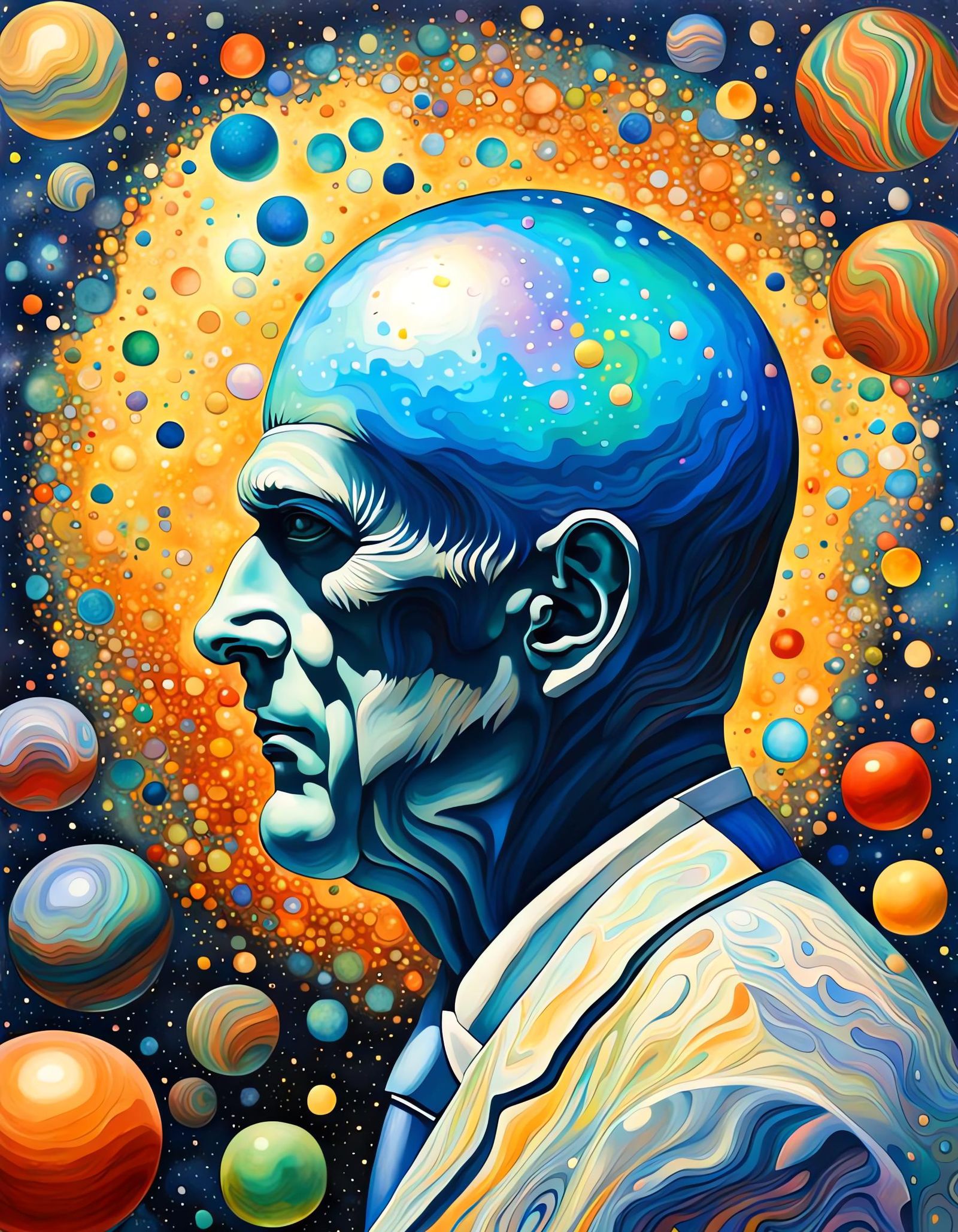 Marbled Man: Klimt-Magritte Inspired Celestial Portrait