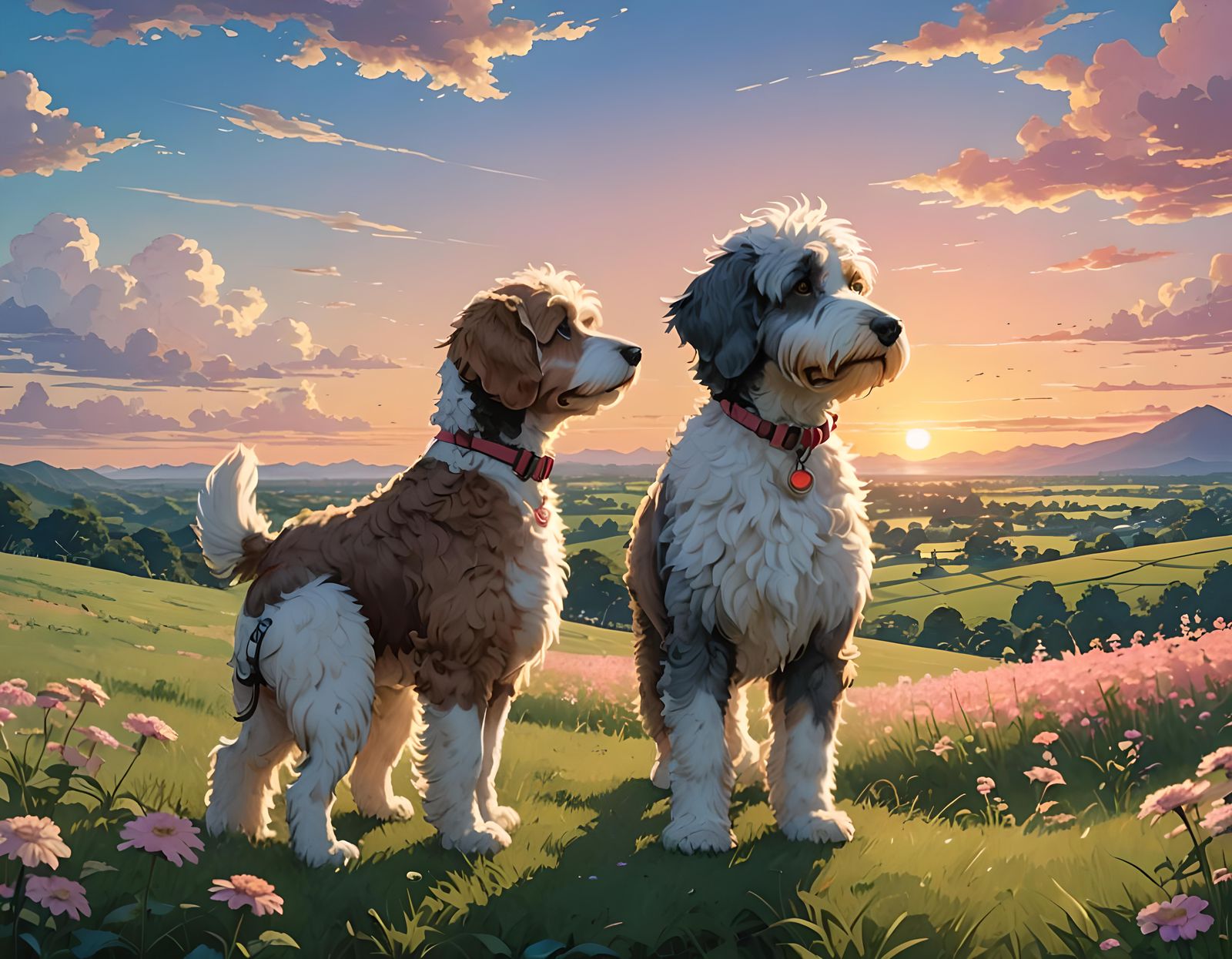 Aussiedoodle Gazing at Sunset in Ghibli Style