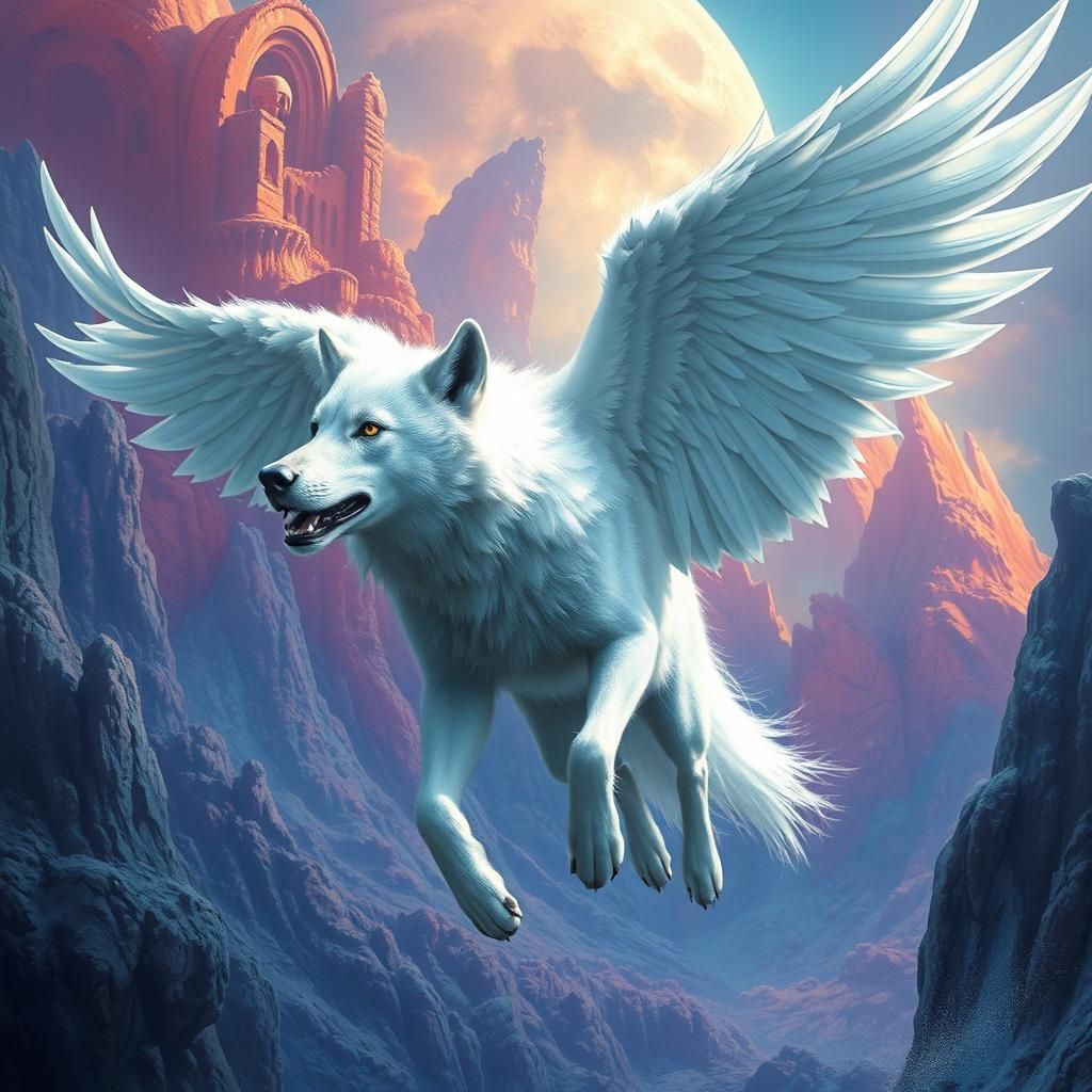 Winged White Wolf Soaring in Sci-Fi Landscape