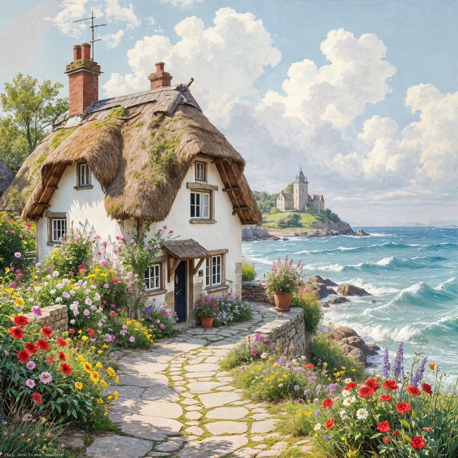 Dreamy Watercolor Coastal Pub with Sea View