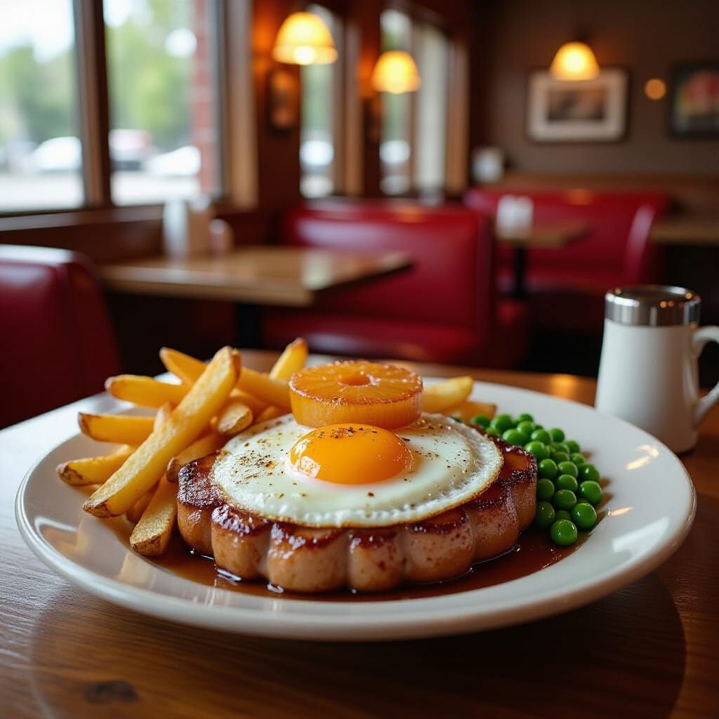 Gammon Steak Meal with Pineapple, Fries, and Peas