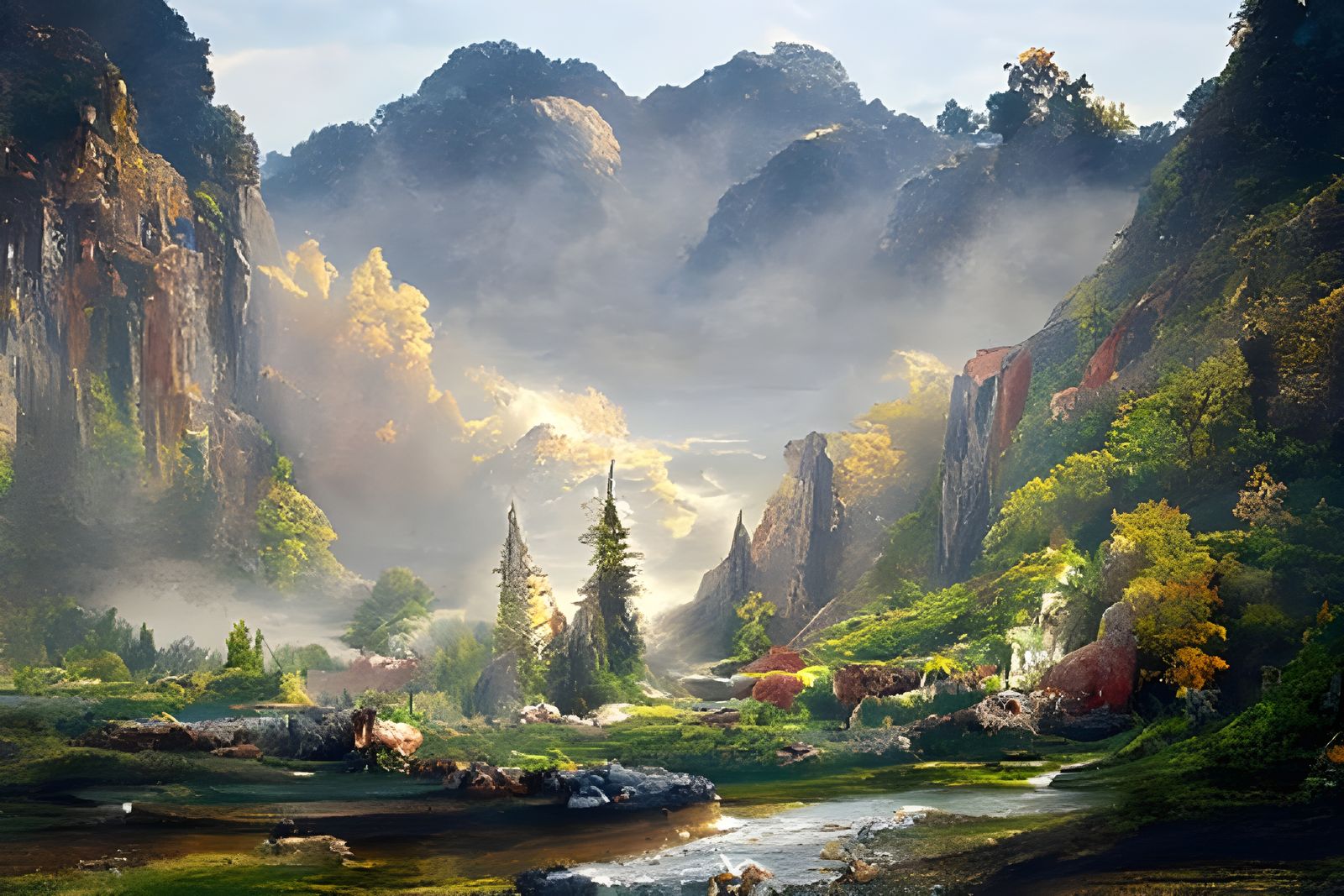 Misty Valley Digital Painting in Hudson River Style