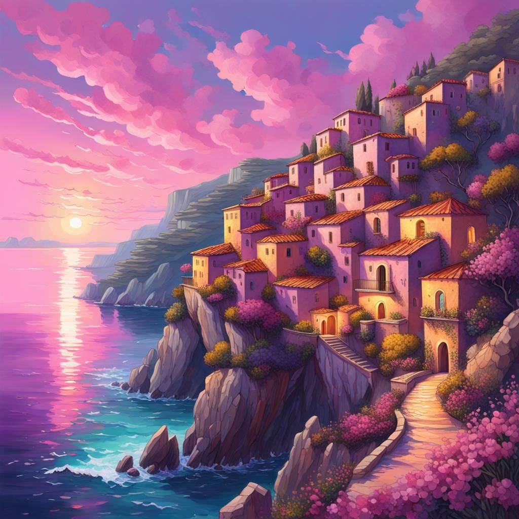 Cliffside Village with Pink Sky in Gouache Style