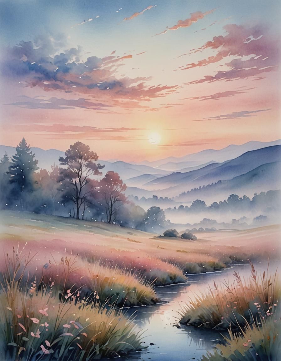 Serene Dawn Breaks in Watercolor Landscape