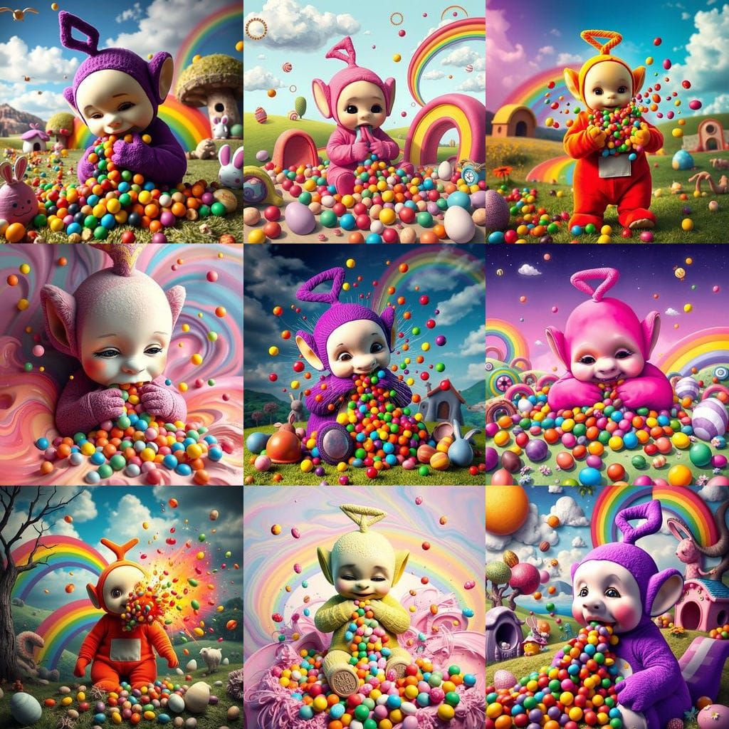 Vibrant Teletubby Spills Colorful Treats