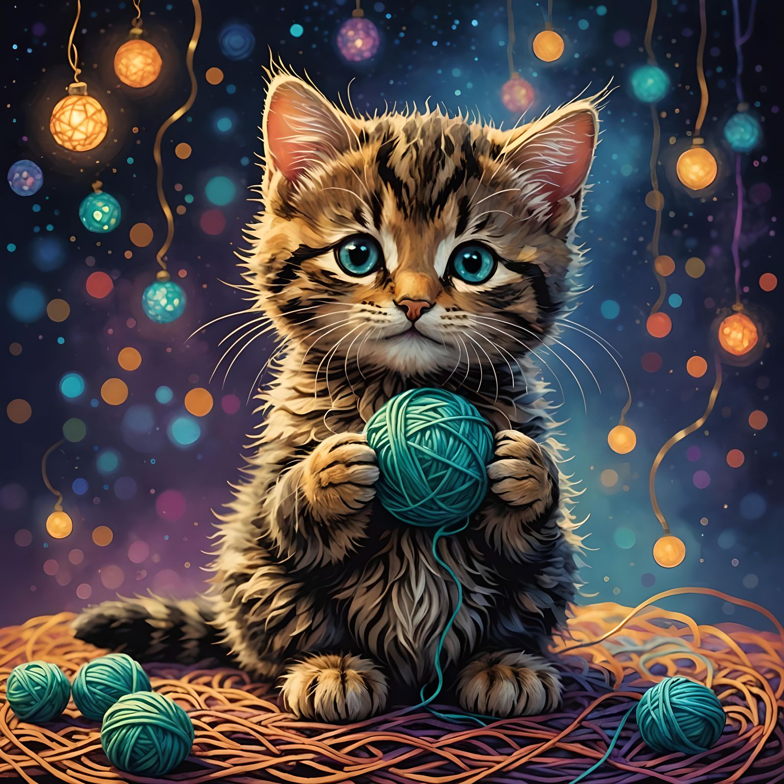 Adorable Kitten Playing With Yarn in Fantasy Style