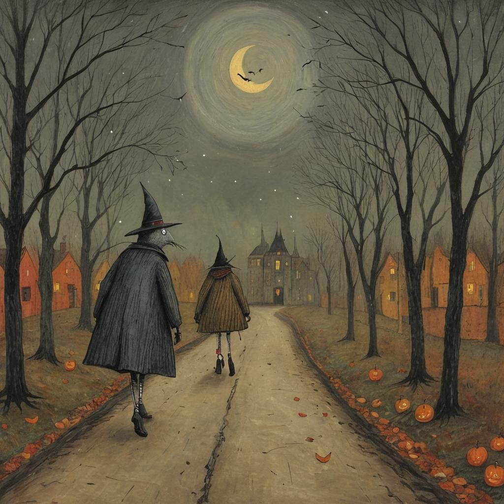 Colorful Surreal Halloween Night in Sam Toft Style