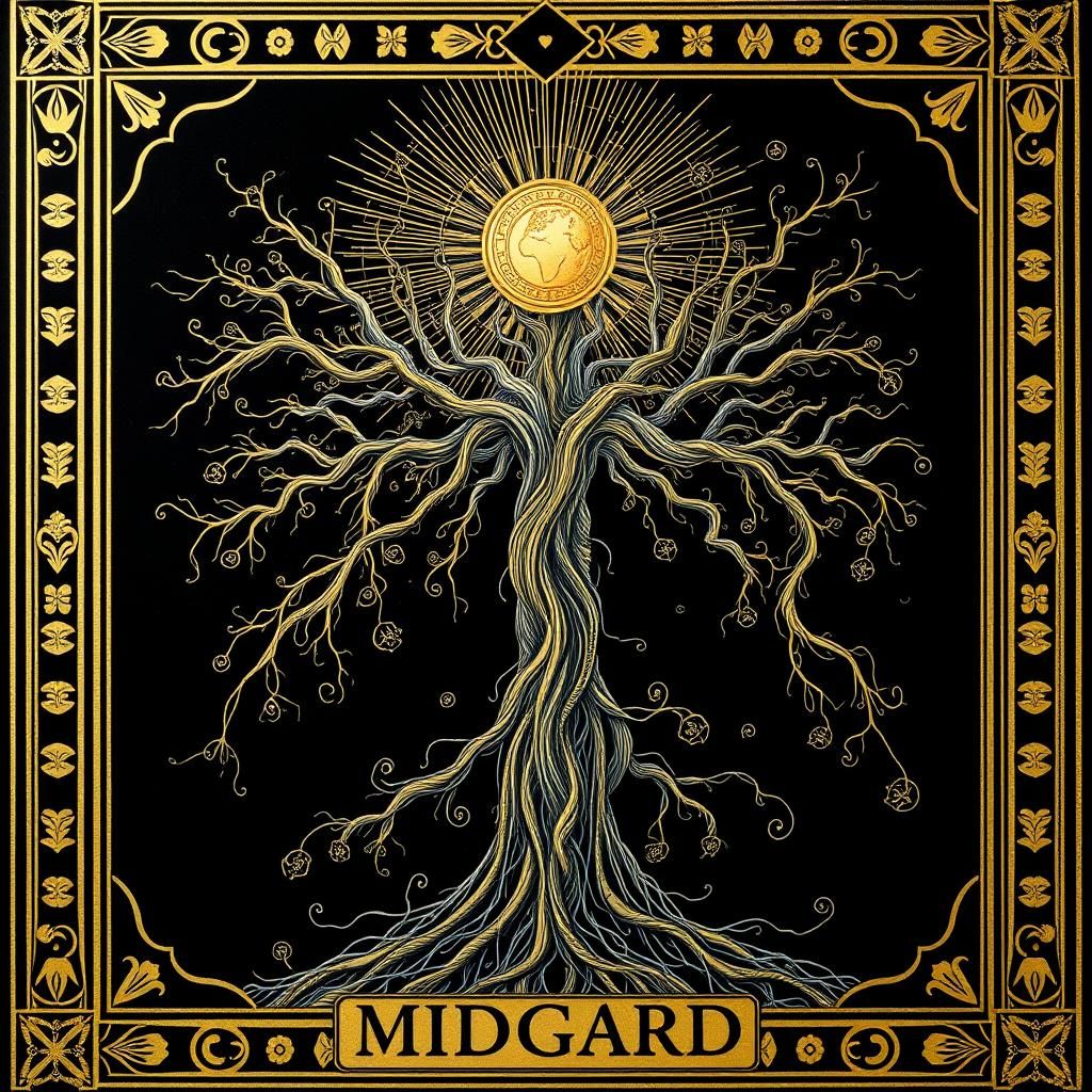 Midgard Tarot Card with Gold Leaf and Intricate Details
