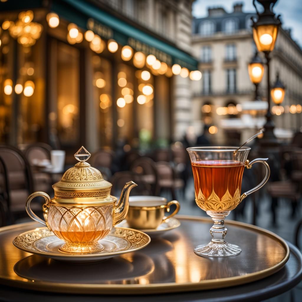 Ornate Tea Set in Parisian Cafe: Photography