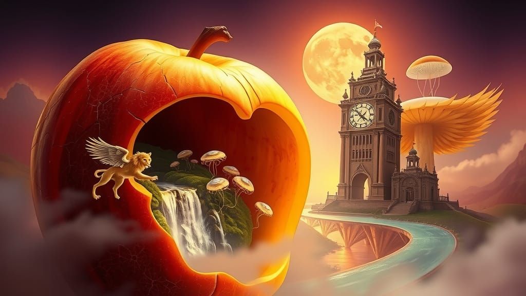 Surrealist Dreamscape Within a Golden Apple