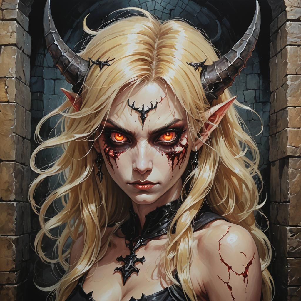 Blonde Female Demon in Dungeon, Acrylic Art