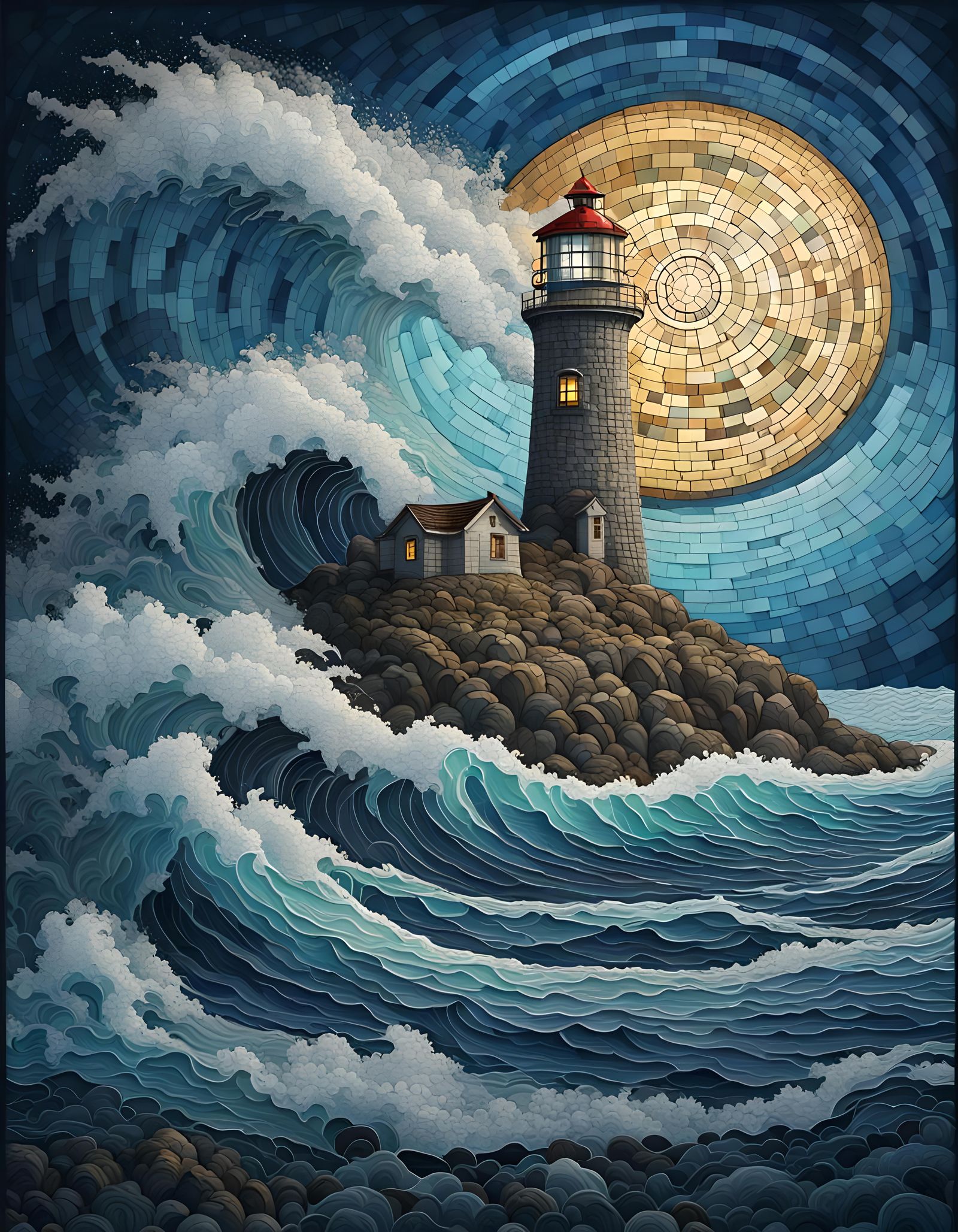 Giant Wave Crashes Mosaic Lighthouse at Night