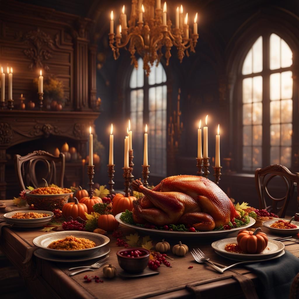 Thanksgiving Dinner Still Life in Fantasy Art Style